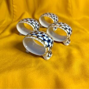 4 Russian Imperial Lomonosov Porcelain Cobalt Fishnet Napkin Rings 22K